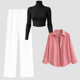 Modern Striped Shirt + Wide Leg Trousers Set | Black Ribbed Top | 3-Piece Look
