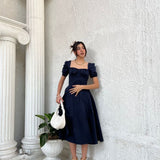 Romantic Blue Square Neck Midi Dress with Ruffle