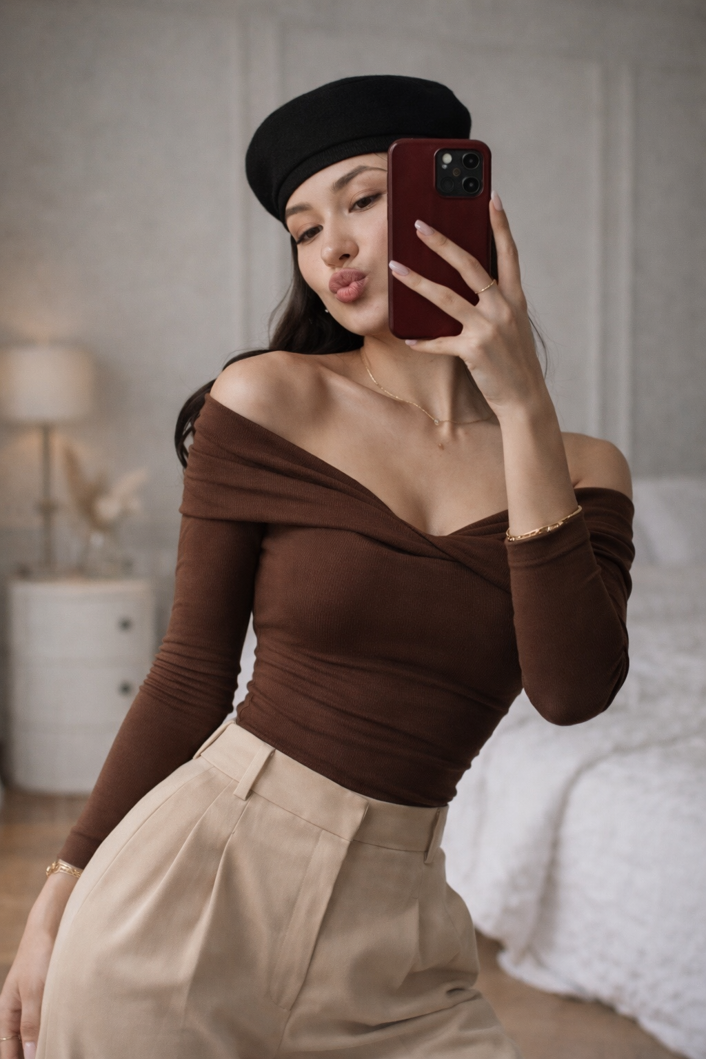 Twist-Detail Brown Top Co-Ord Set with Wide-Leg Trousers