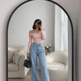 Baby pink Off shoulder top | sky blue baggy denim ( full set )
