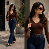 Chocolate Ribbed Top & Midnight Flare Jeans Set