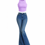 Lavender High Neck Crop Top with Blue High Waist Bootcut Jeans Set