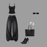 Black Ribbed Top & Wide Leg Jeans Co-Ord Set