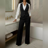Black Three Piece Suit Set for Women (Shirt + Vest + Pleated Pants) - Full set