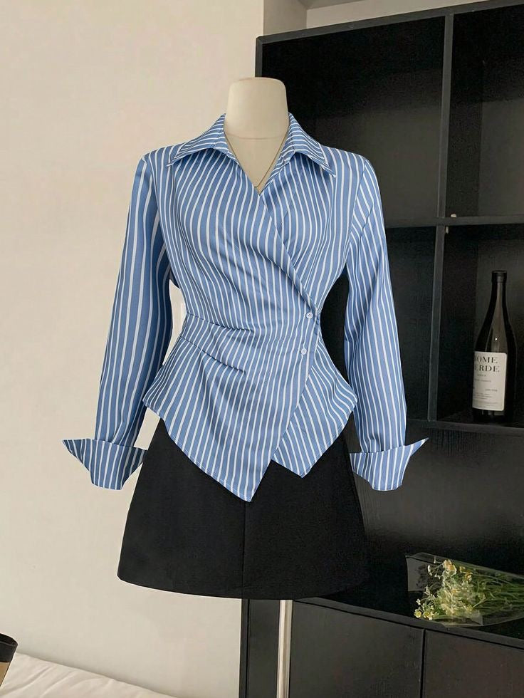 Tailored Fit Blue Stripe Wrap Shirt for Women