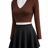Classic V-Neck Top & Flared Skirt Set