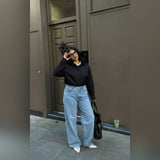 sky blue High waist baggy jeans | Black shirt ( women )