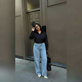 sky blue High waist baggy jeans | Black shirt ( women )