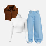 Ribbed Turtleneck Top with Baggy Sky Blue Denim & Puffer Vest Co‑ord Set