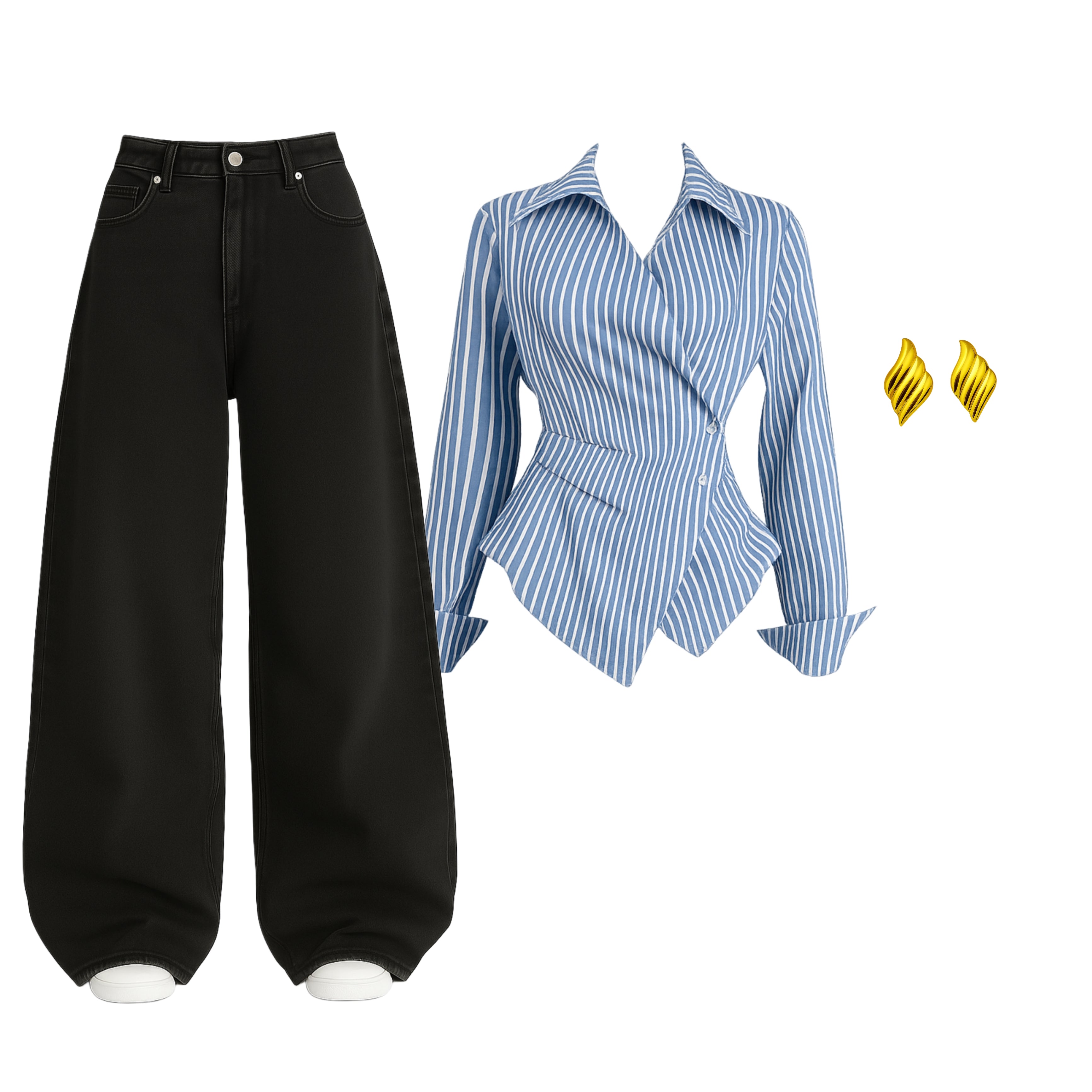 Premium Women’s Denim Jeans (Baggy) & Design Striped Shirt Combo – Free Accessories Included