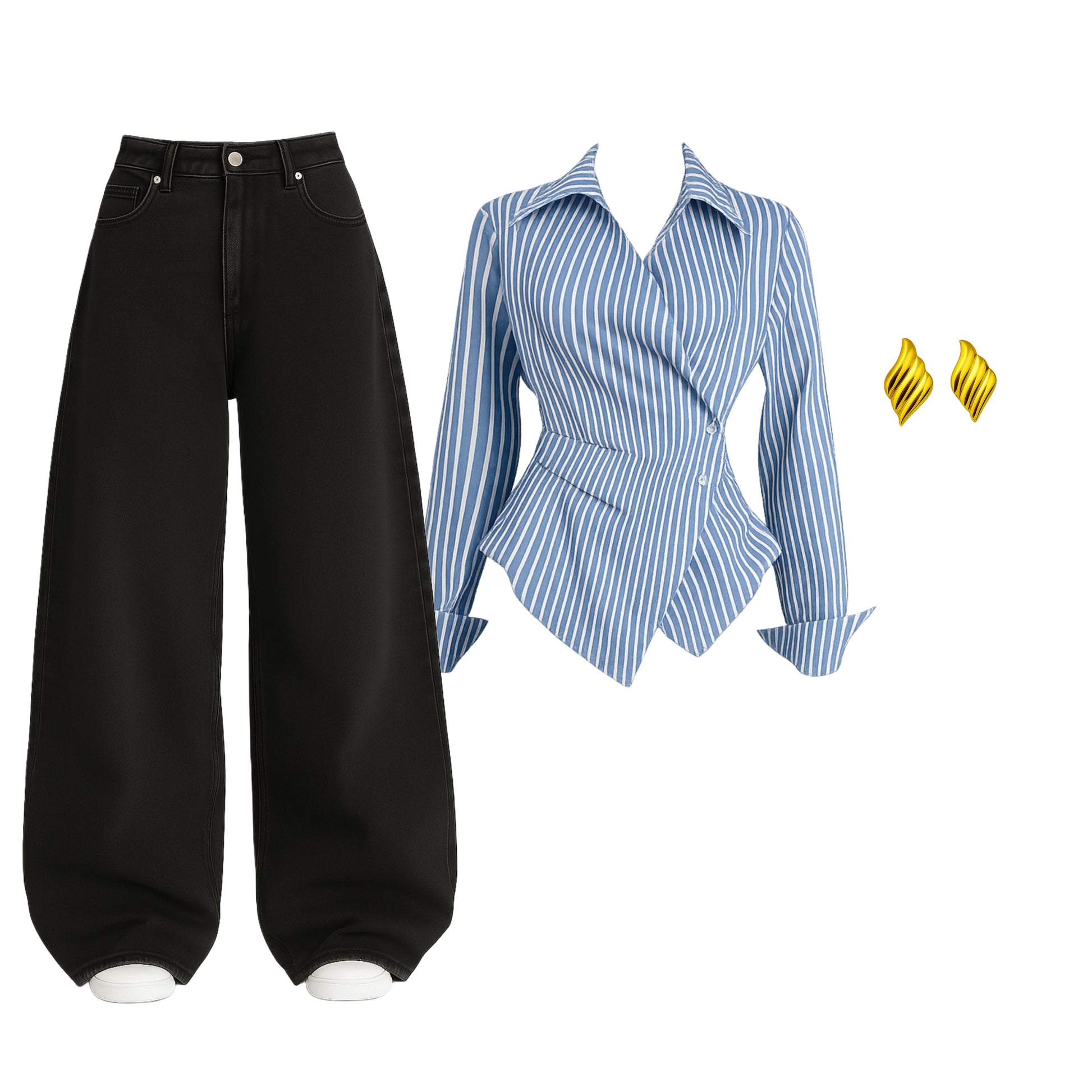 Premium Women’s Denim Jeans (Baggy) & Design Striped Shirt Combo – Free Accessories Included