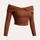 X-Cross Off-Shoulder Full Sleeve Crop Top – Chocolate Brown