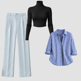 Modern Striped Shirt + Wide Leg Trousers Set | Black Ribbed Top | 3-Piece Look
