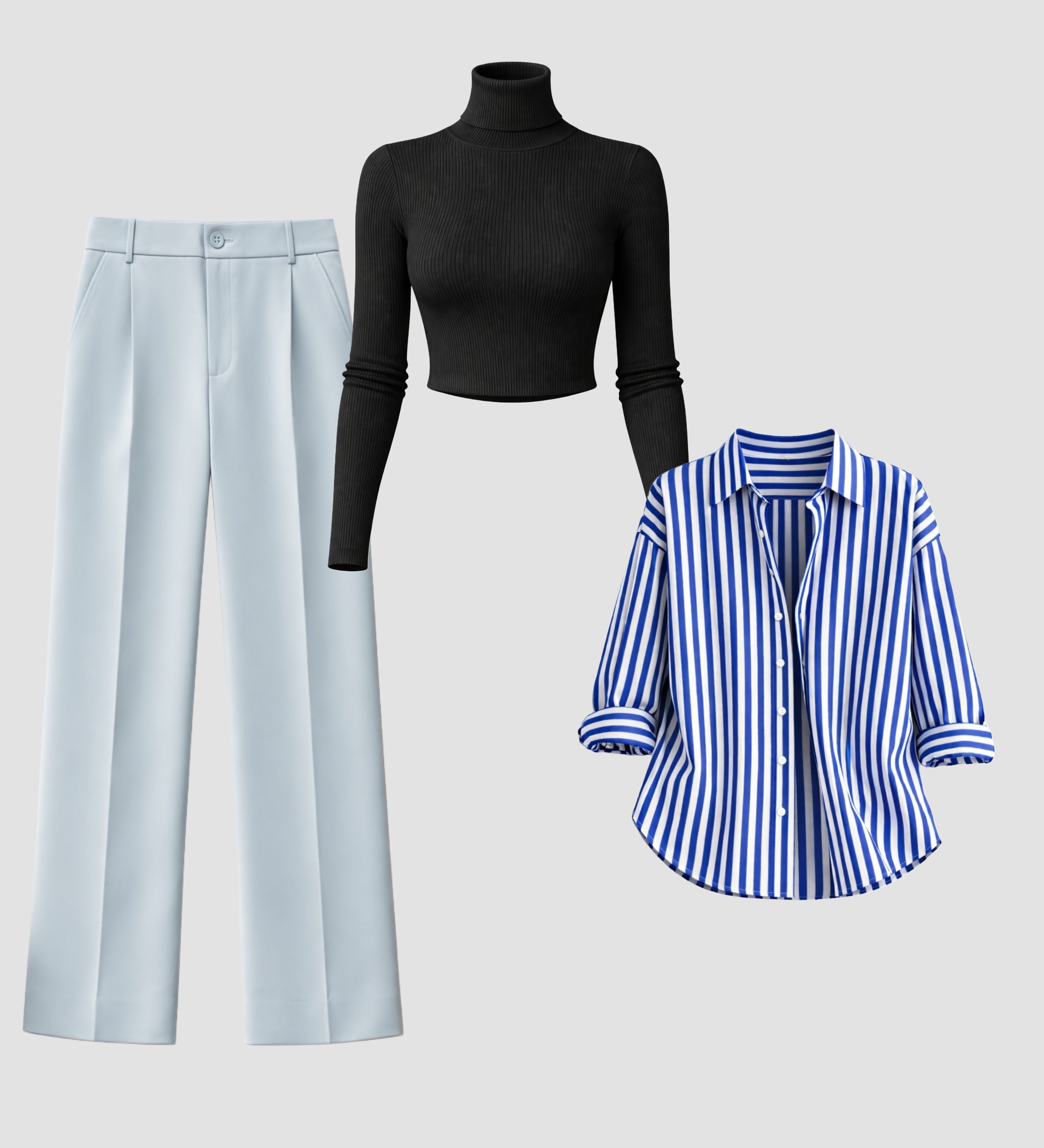 Modern Striped Shirt + Wide Leg Trousers Set | Black Ribbed Top | 3-Piece Look