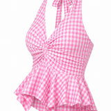 Gingham Halter Peplum Top & Twill Trouser Set