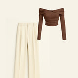 Twist-Detail Brown Top Co-Ord Set with Wide-Leg Trousers