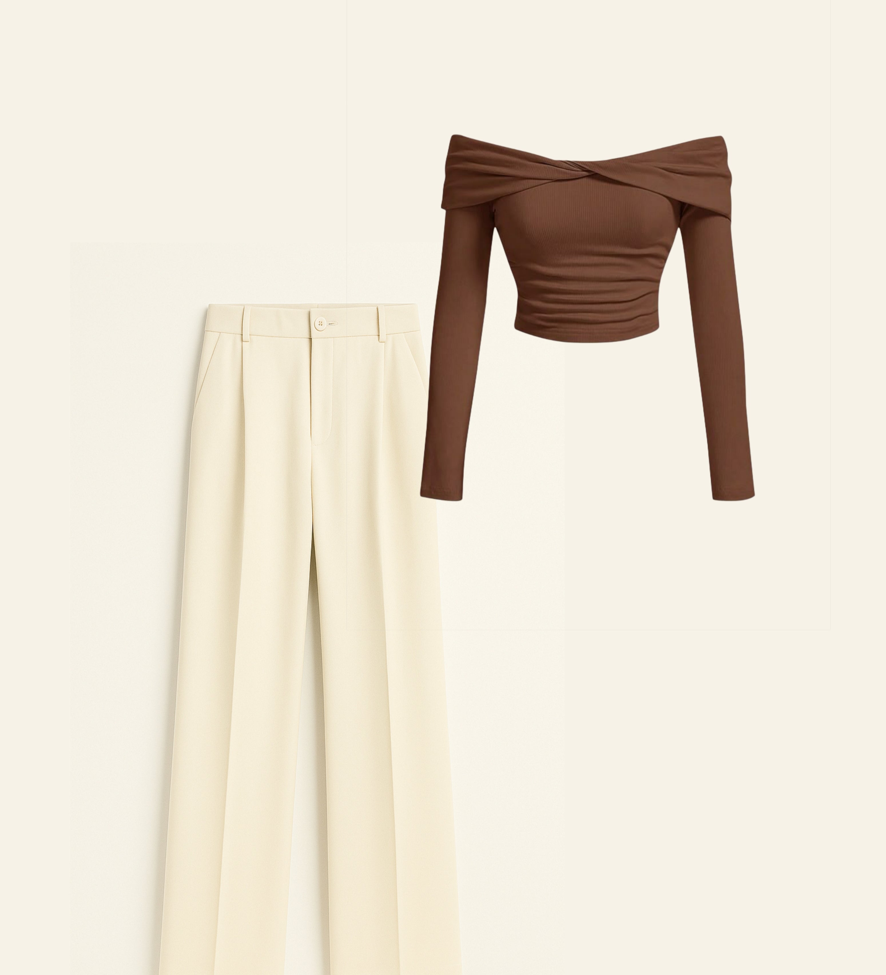 Twist-Detail Brown Top Co-Ord Set with Wide-Leg Trousers
