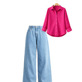 High waist Sky blue baggy jeans |Hot red shirt | womens