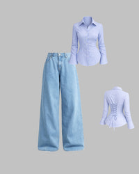 Lace-Up Back Shirt with Relaxed Denim Co-Ord