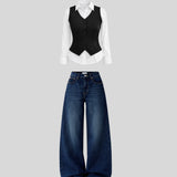 Classic Waistcoat Shirt & Wide-Leg Denim Co-Ord Set | Black