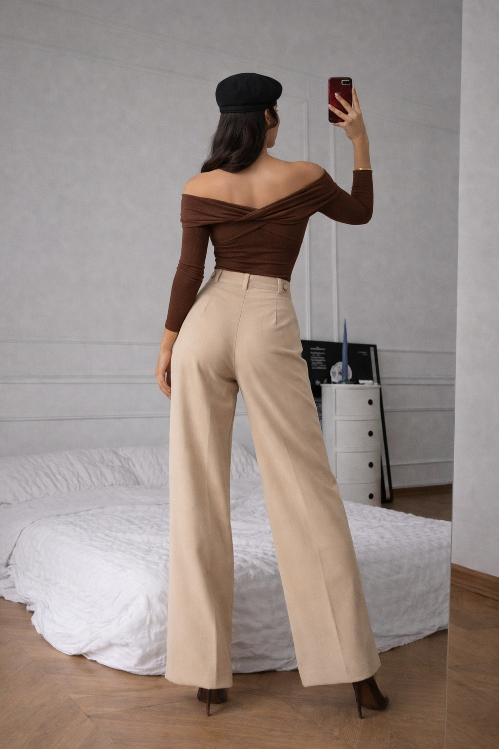 Twist-Detail Brown Top Co-Ord Set with Wide-Leg Trousers