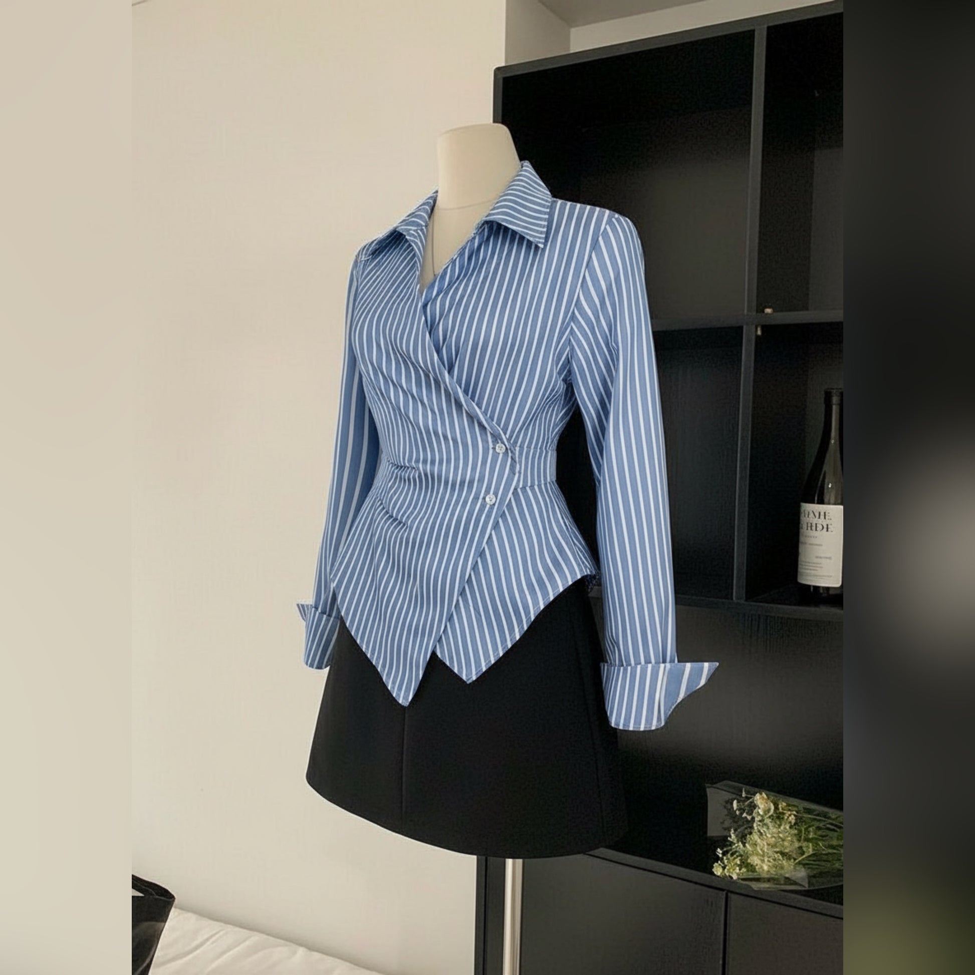 Tailored Fit Blue Stripe Wrap Shirt for Women