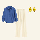 Dark blue striped shirt | off white high waist trouser (1set ear ring free)