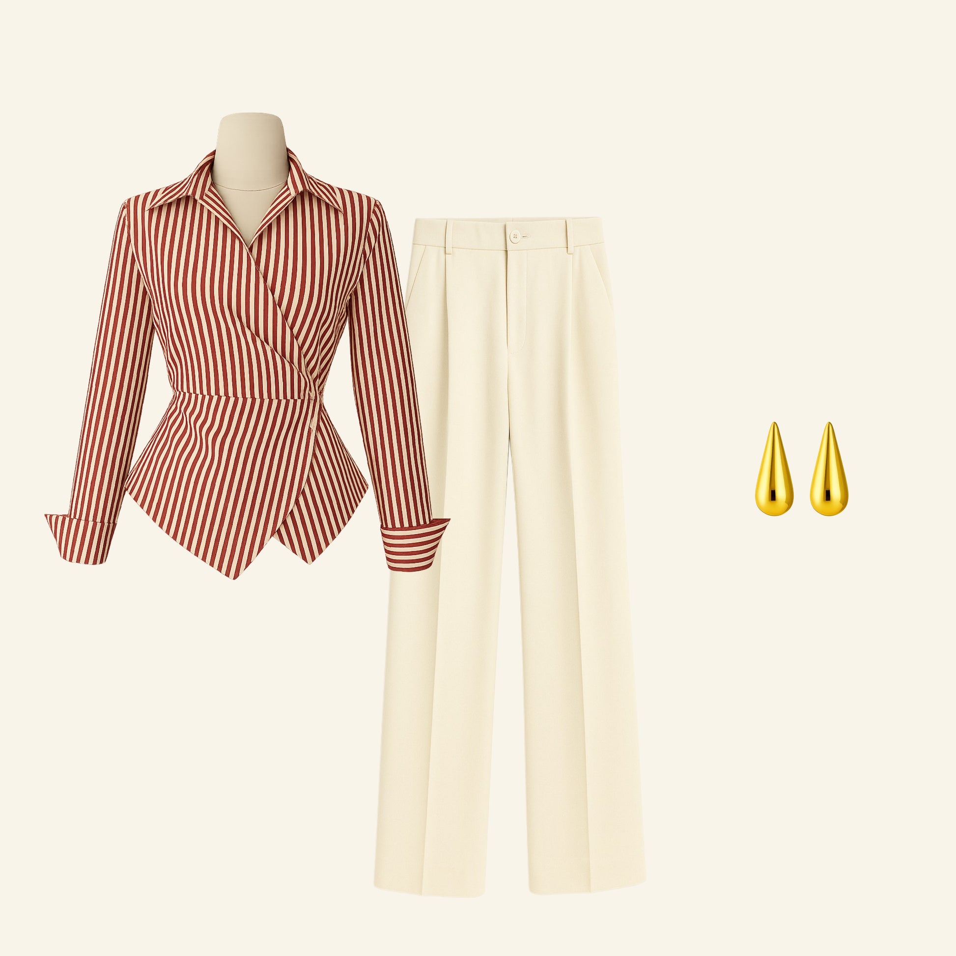Design Red broad striped shirt | off white high waist trouser (1set ear ring free)