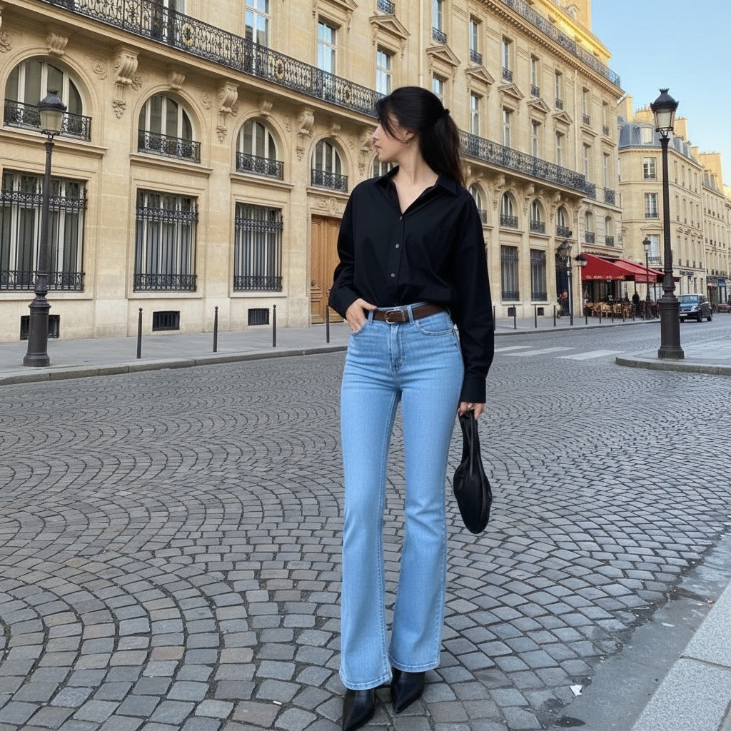 Sky blue bell bottom jeans | Black shirt | Womens