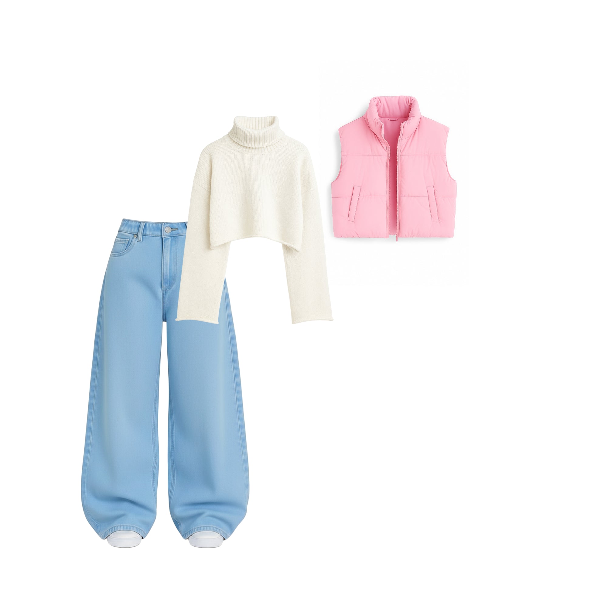 Pink Cropped Puffer Vest, Cream Woolen Sweater & Light Wash Wide-Leg Denim Co-ord