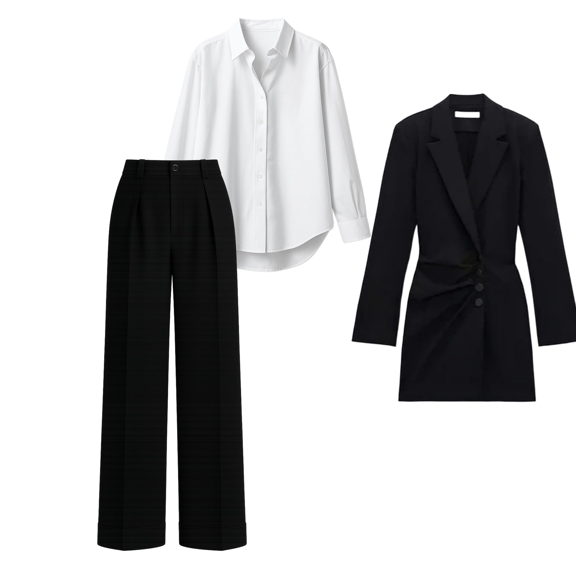 Black Tailored Wide-Leg Trousers with White Oversized Cotton Shirt & Wrap Blazer Co-ord Set