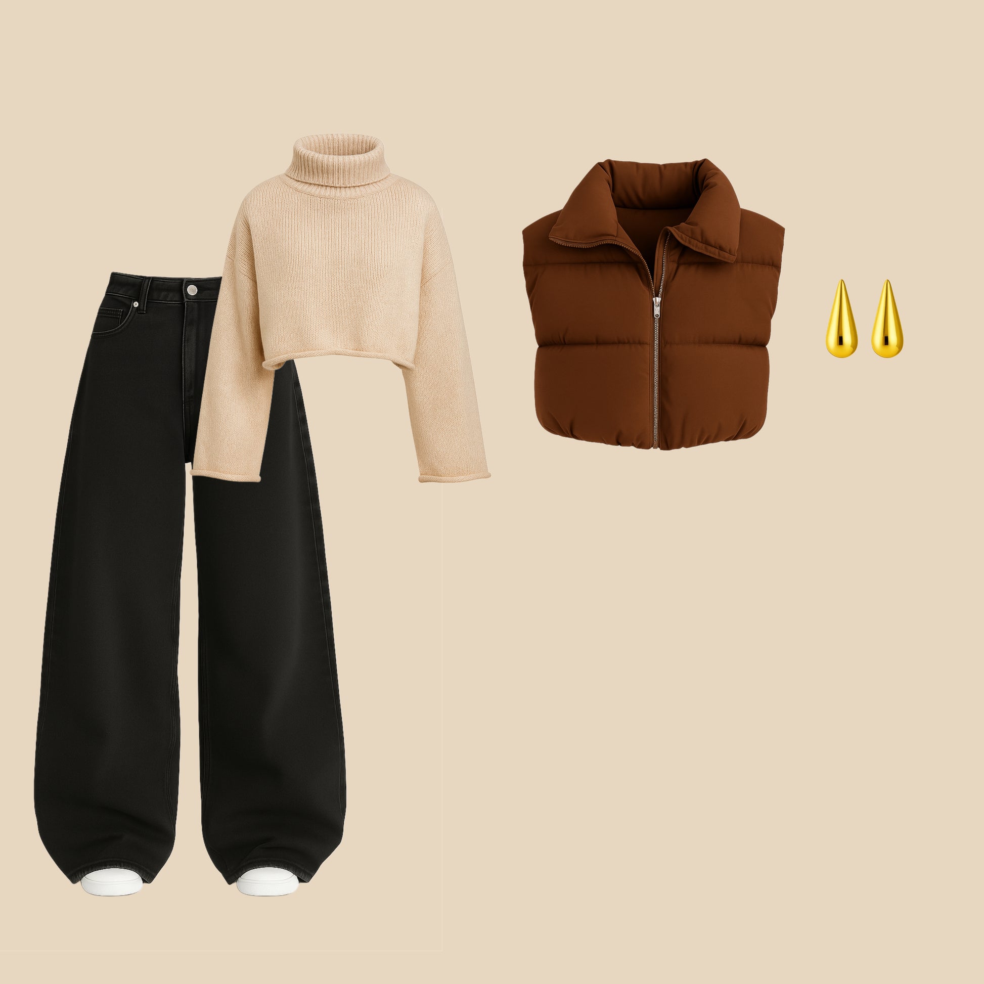 Cropped Cream Sweater, Charcoal Baggy Denim & Brown Puffer Vest Set (1 Accessories FREE)