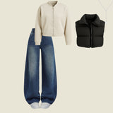 Cropped Zip Sweater, Wide-Leg Denim & Black Puffer Vest Set (1Necklace FREE)