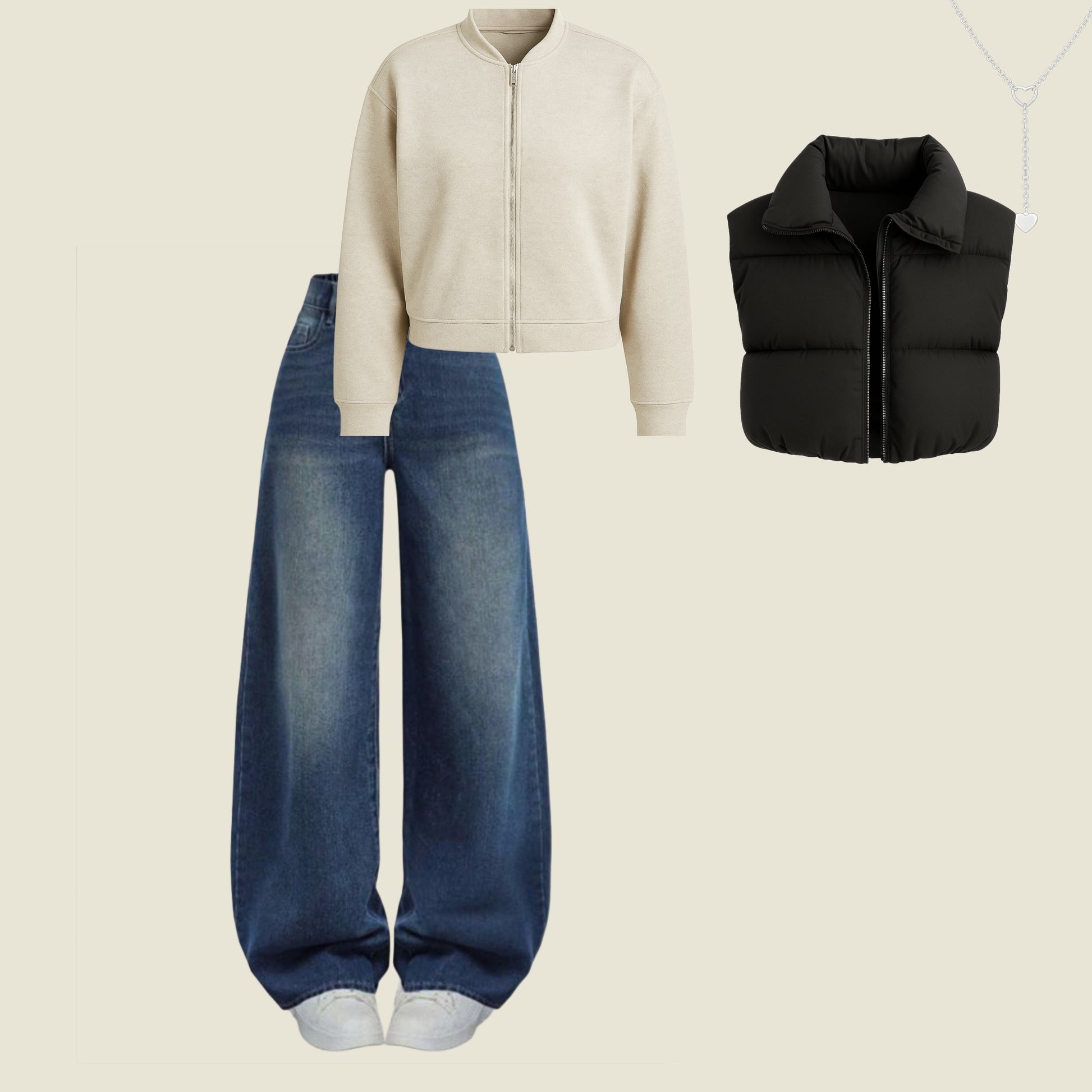 Cropped Zip Sweater, Wide-Leg Denim & Black Puffer Vest Set (1Necklace FREE)