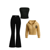 Women’s Chic Black Bootcut Jeans & Tube Top with Cozy Knitted Crop hoodie– 3-Piece Fashion Set