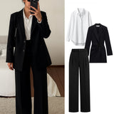 Black Tailored Wide-Leg Trousers with White Oversized Cotton Shirt & Wrap Blazer Co-ord (3peice set)