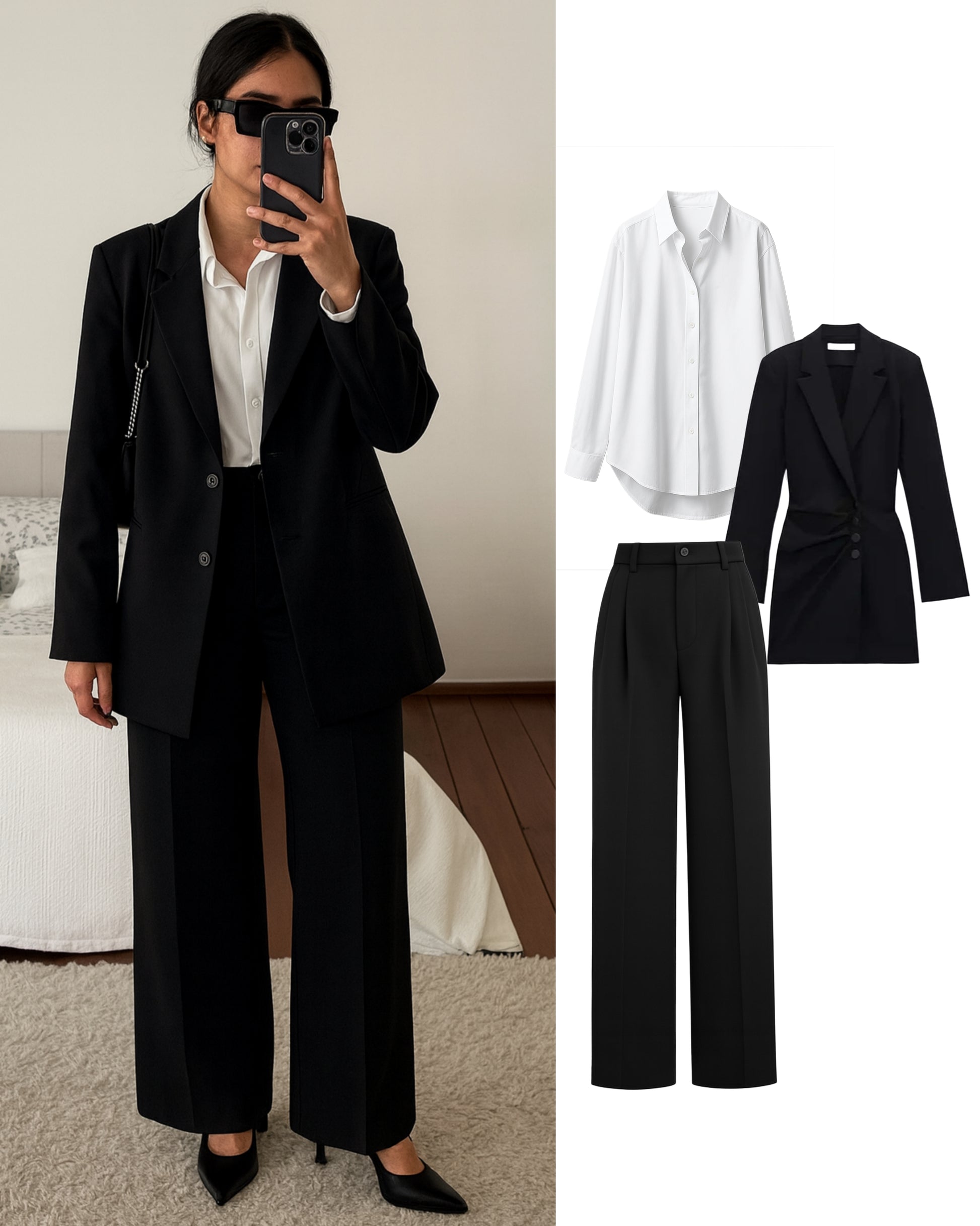 Black Tailored Wide-Leg Trousers with White Oversized Cotton Shirt & Wrap Blazer Co-ord (3peice set)