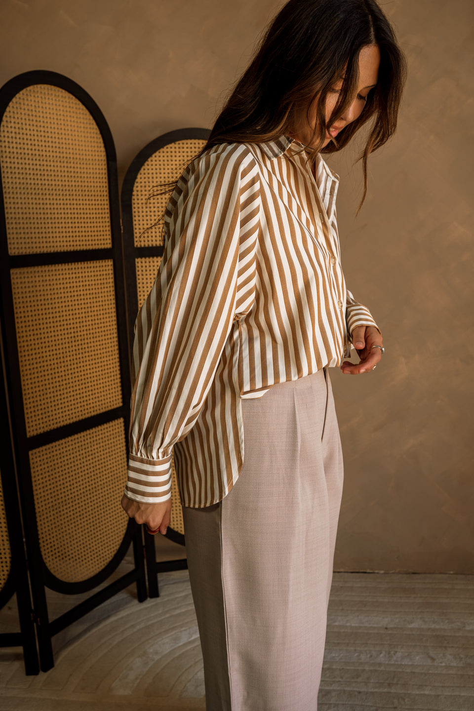 Light brown strip shirt women"s
