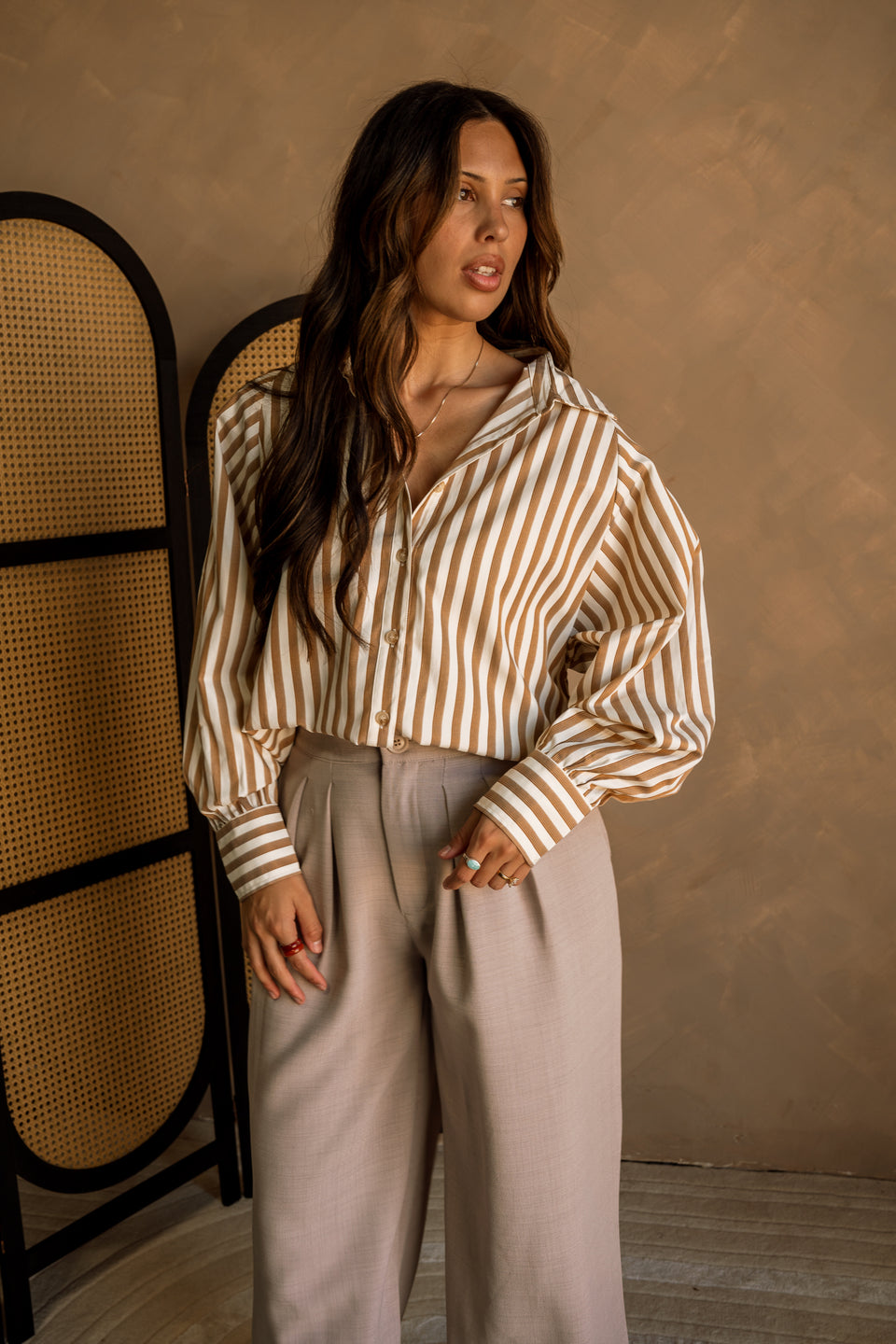 Light brown strip shirt women"s