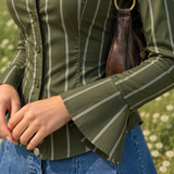 Olive Pinstripe Lace-Up Back Shirt