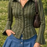 Olive Pinstripe Lace-Up Back Shirt