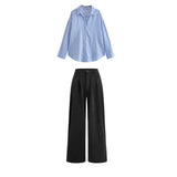 Black High wasit pant (trouser ) | Blue striped shirt ( women