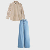 sky blue High waist baggy jeans | Brown striped shirt ( women )