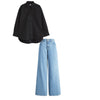 sky blue High waist baggy jeans | Black striped shirt ( women )
