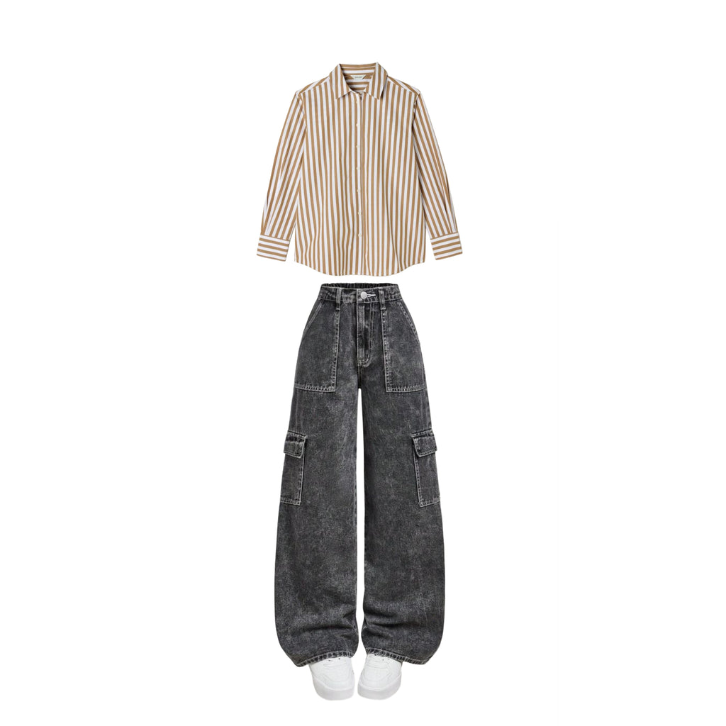 Charcoal High waist cargo jeans | Brown striped shirt ( women )