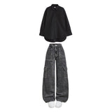 Charcoal High waist cargo jeans | Black shirt ( women )