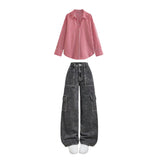 Charcoal High waist cargo jeans | Red striped shirt ( women )