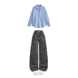 Charcoal High waist cargo jeans | Blue striped shirt ( women )