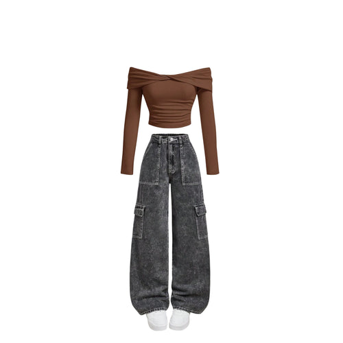 A charcoal cargo jeans | Brown top (Full set)