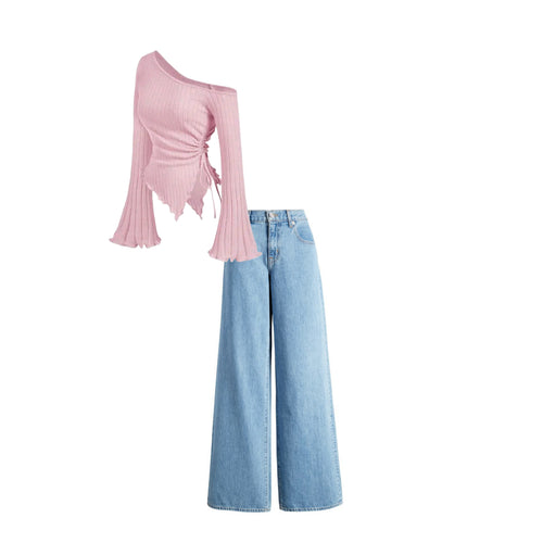 A Baggy jeans jeans | Light Pink top (Full set )